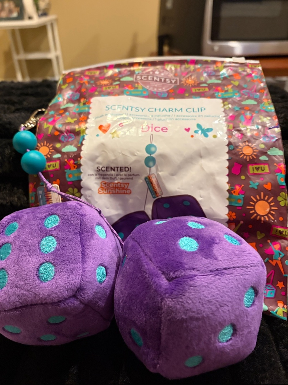 Scentsy Purple Plush Dice Charm Clip with Teal Dots